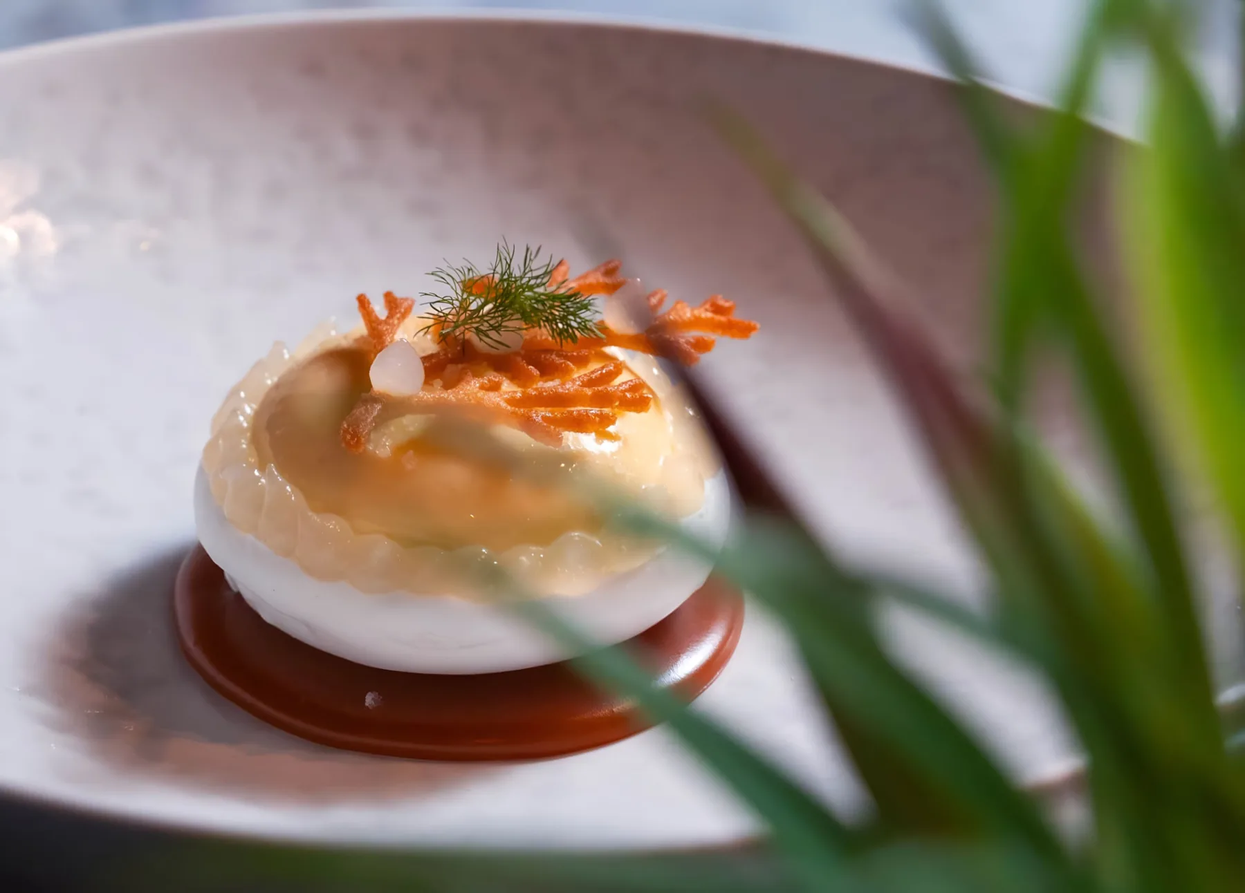 Mango dessert with green sorbet and basil